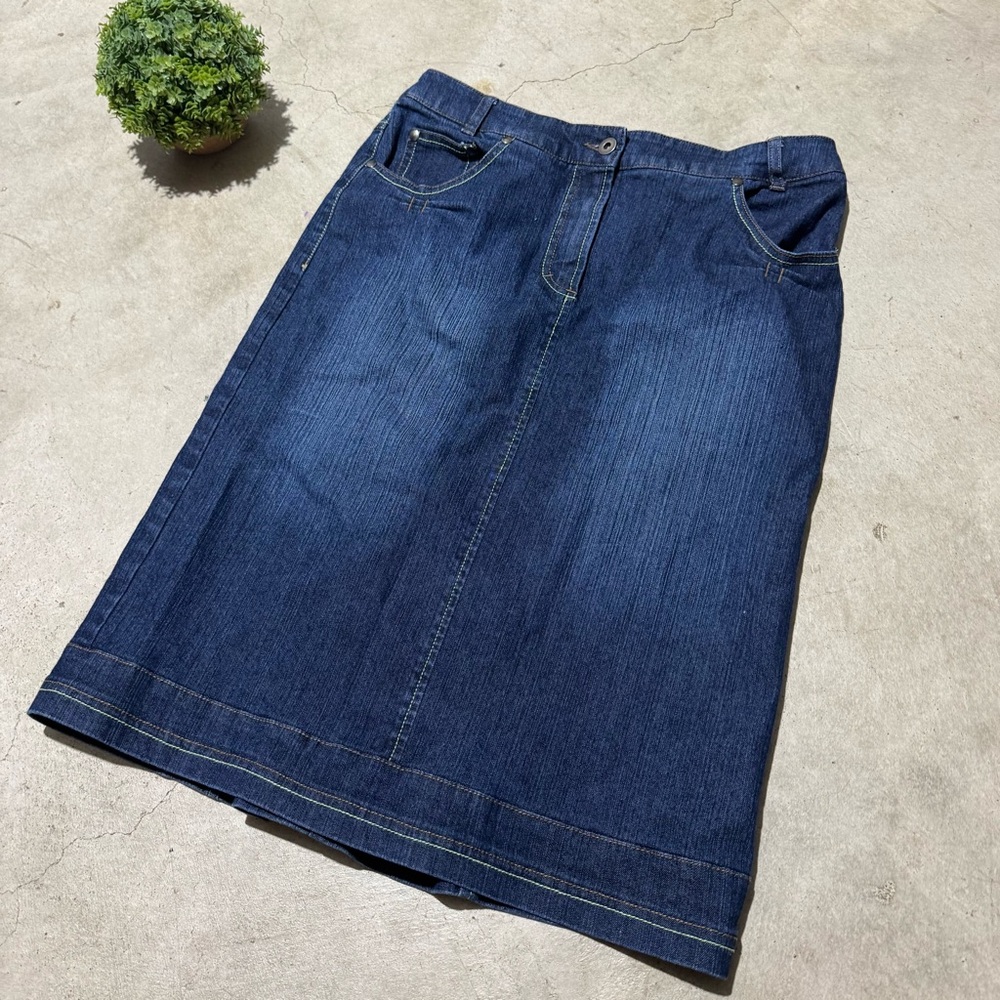 Emzioni Long Modest‎ Denim Jean Skirt Size 8 Contrast Stitch Dark Wash Peplum